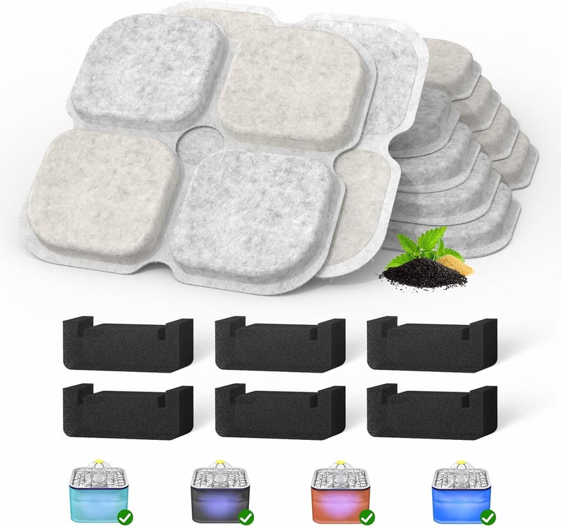 Baofum Cat Pet Water Fountain Filters, 6 Pack Replacement Filters Fit for 101oz/3L Crystal Cat Fountain, Triple Filtration System (6 Filters+6 Sponges) - Image 1